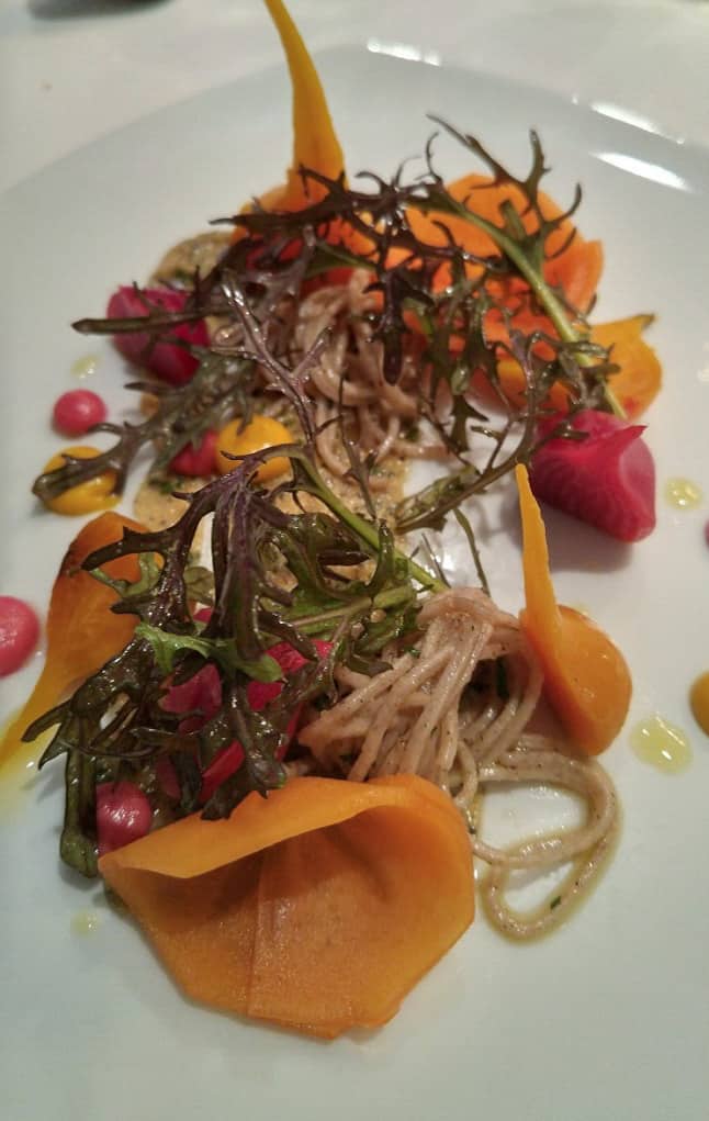 Roasted beets, soba noodle, red mustard frills